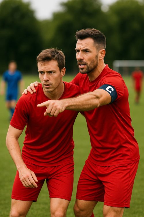 Capitaine d'une équipe de football amateur donnant des instructions à suivre.